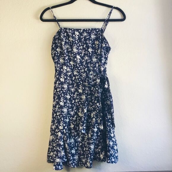 Dresses & Skirts - Navy blue white flower dress adjustable spherical strap mock wrap ruffles